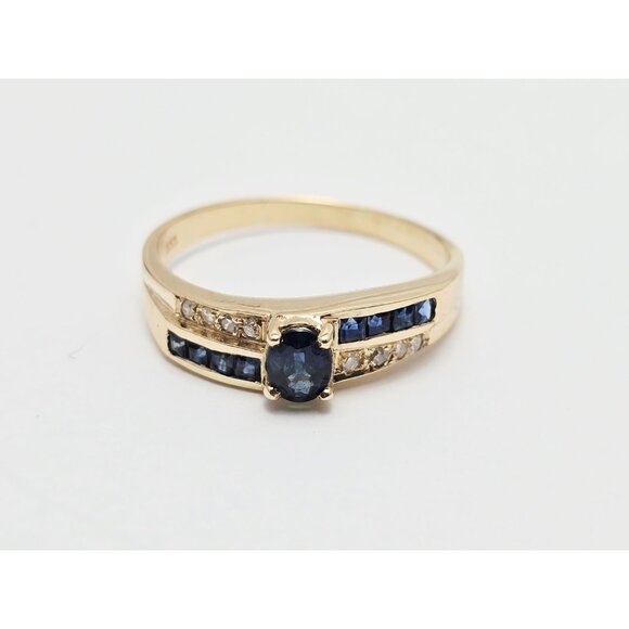 Vintage 8K Karat Solid Yellow Gold Designer Blue Spinel & Diamond Ring - Size 9